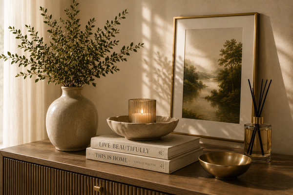 Elegant bedroom corner with linen bedding, bedside lamp, ceramic vase and premium cushions
