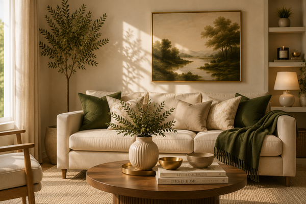 Luxury cream sofa with sage green cushions, coffee table styling and warm natural sunlight