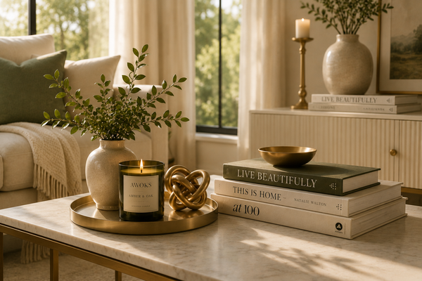 Luxury coffee table styling with brass décor, books and soft window lighting