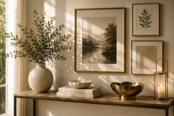 Minimal console table with framed wall art, sculptural vase and decorative bowl