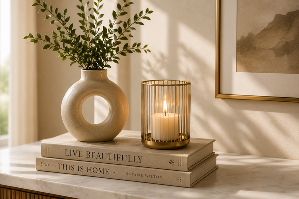 Ceramic vase with greenery, decorative books and a gold candle holder on a marble console