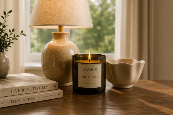 Premium scented candle beside a ceramic table lamp and stacked books